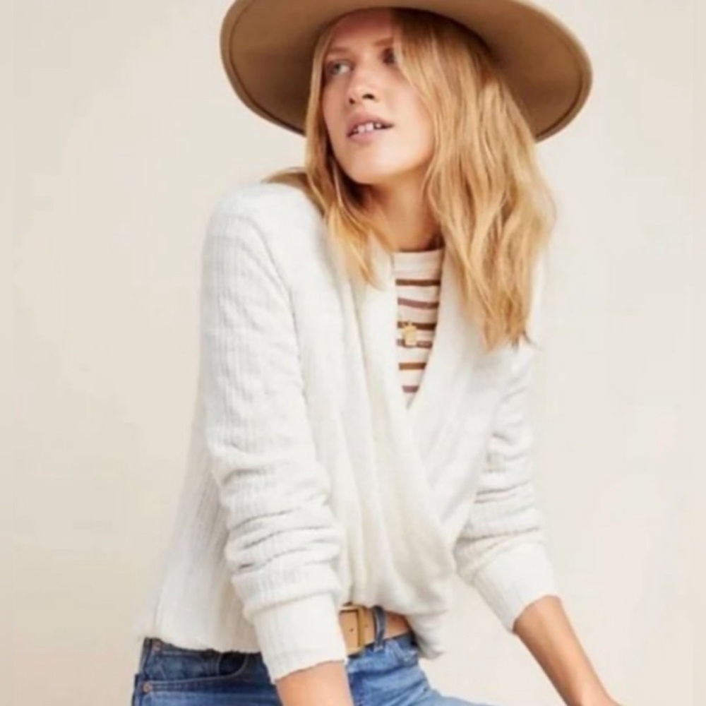 Anthropologie Maeve Rafela Hacci Surplice Sweater Wrap Top in Cream XS